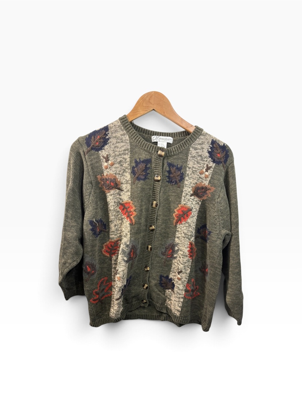 Dressbarn Sweater Cardigan Fall Leaf Olive Green Sweater Womens Size 14-16 VTG